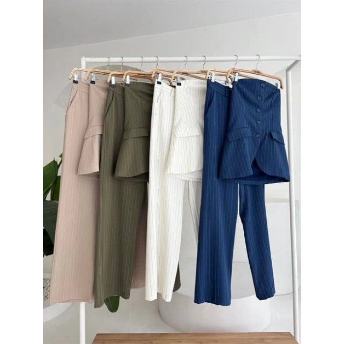 traplez Büstiyerli Plazzo Pantolonlu Çizgili Takım 10151