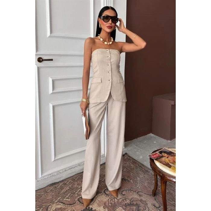 traplez Büstiyerli Plazzo Pantolonlu Çizgili Takım 10151