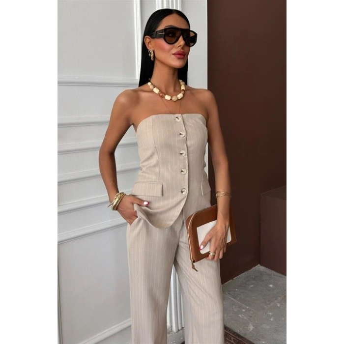 traplez Büstiyerli Plazzo Pantolonlu Çizgili Takım 10151