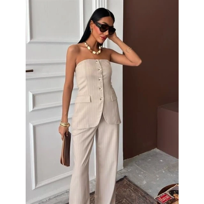 traplez Büstiyerli Plazzo Pantolonlu Çizgili Takım 10151
