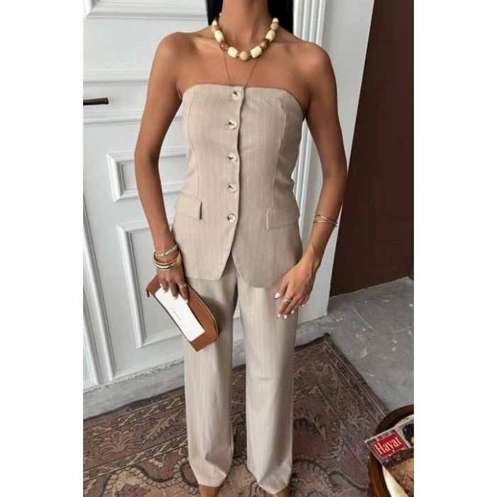 traplez Büstiyerli Plazzo Pantolonlu Çizgili Takım 10151