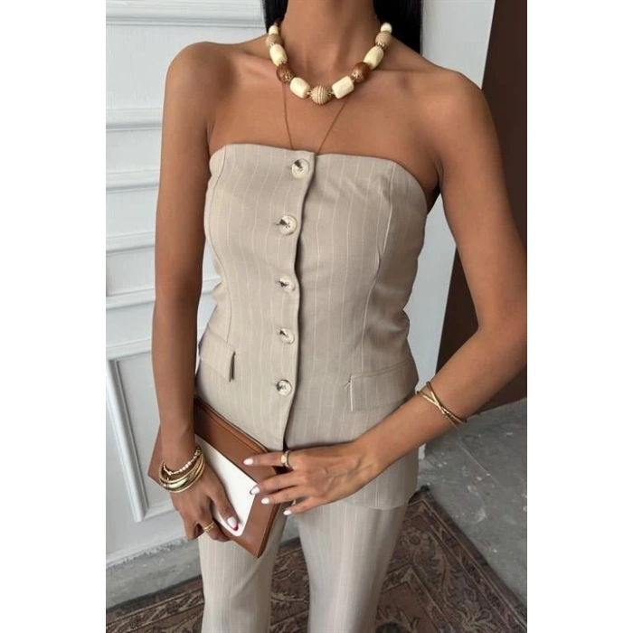 traplez Büstiyerli Plazzo Pantolonlu Çizgili Takım 10151