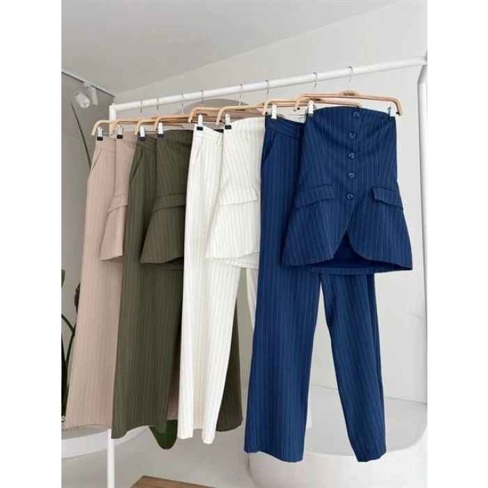 traplez Büstiyerli Plazzo Pantolonlu Çizgili Takım 10151