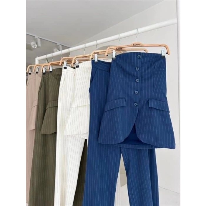 traplez Büstiyerli Plazzo Pantolonlu Çizgili Takım 10151