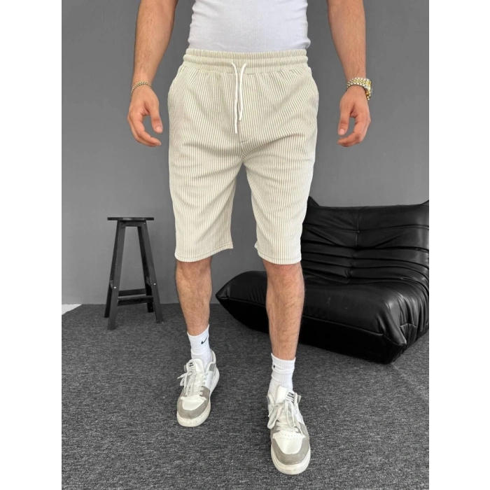 u Yolu Çizgili Cepli Şort Bej