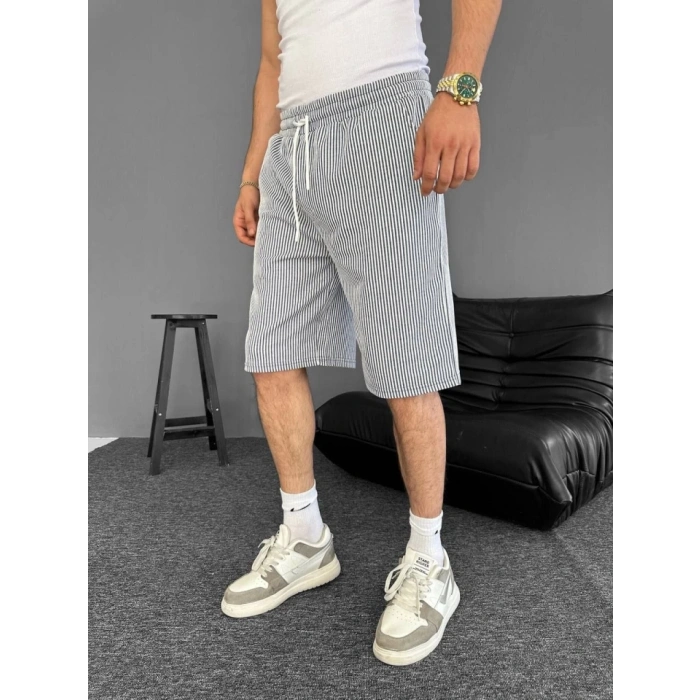 u Yolu Çizgili Cepli Şort Gri