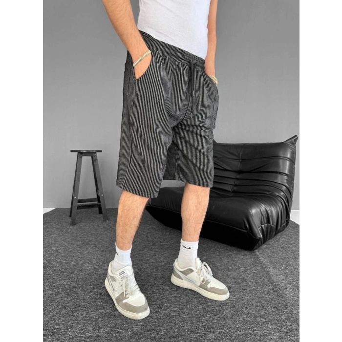u Yolu Çizgili Cepli Şort iyah