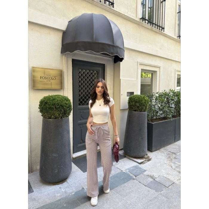 u Yolu Çizgili Kolay Kombinle Ne Bilir Cepli Pantolon  Bordo