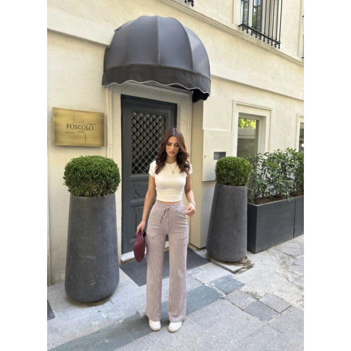 u Yolu Çizgili Kolay Kombinle Ne Bilir Cepli Pantolon  Bordo