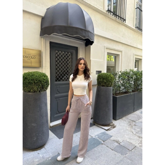 u Yolu Çizgili Kolay Kombinle Ne Bilir Cepli Pantolon  Bordo