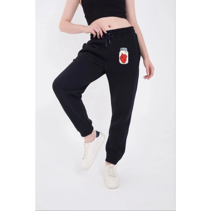 Üç İplik astikli Baskılı Eşofman Pantolon  acivert