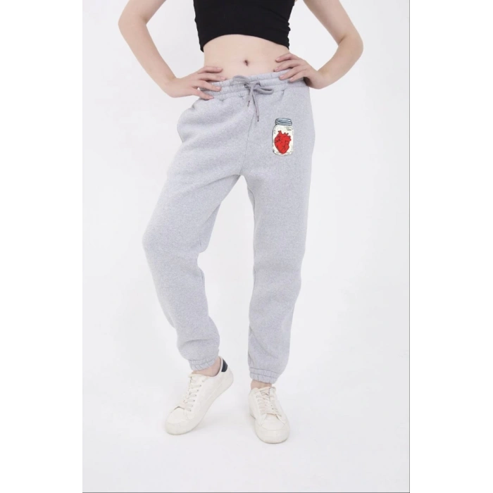 Üç İplik astikli Baskılı Eşofman Pantolon  Gri