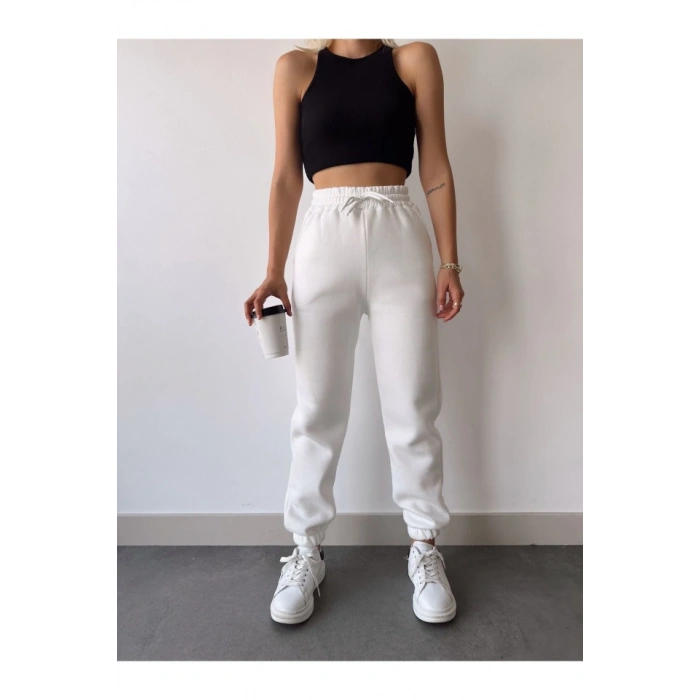 Üç İplik Basic astikli Eşofman Pantolon  Beyaz