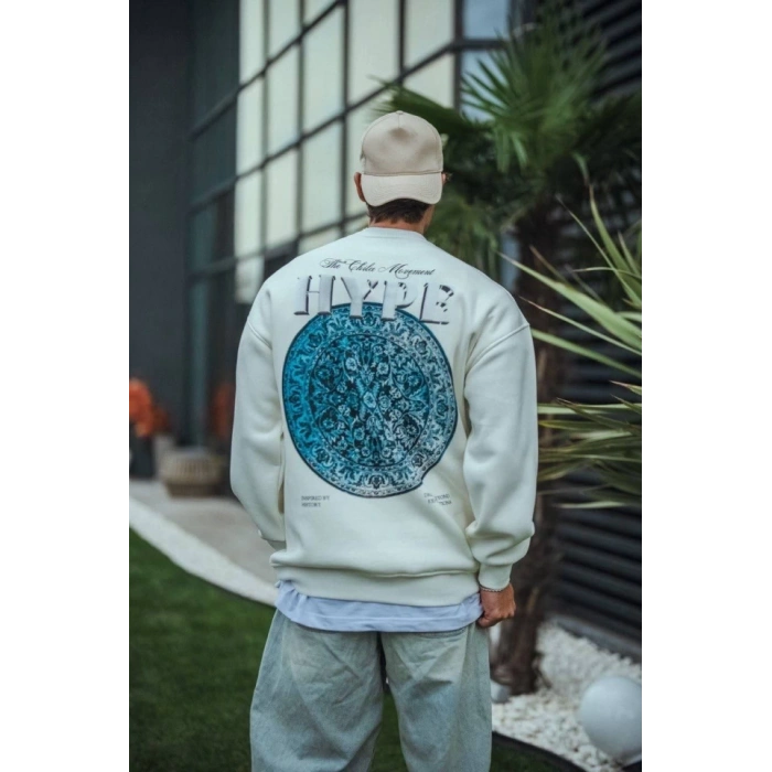 Üç İplik Bisiklet Yaka Baskılı weathirt  Beyaz