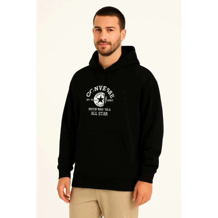 Üç İplik Kapşonlu ön Ve Arka Baskılı weathirt Hoodie iyah