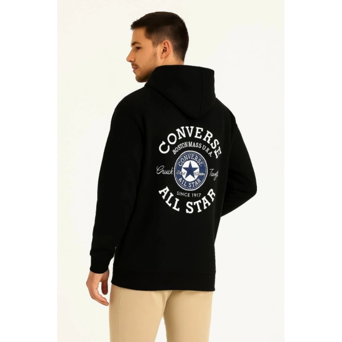 Üç İplik Kapşonlu ön Ve Arka Baskılı weathirt Hoodie iyah