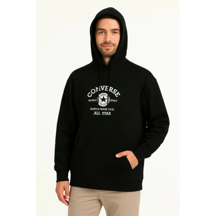 Üç İplik Kapşonlu ön Ve Arka Baskılı weathirt Hoodie iyah