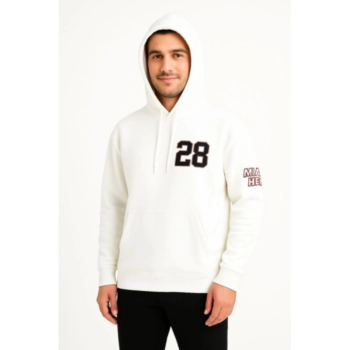Üç İplik Kapüşonlu Ön Ve Arka Baskılı weathirt Hoodie  Beyaz