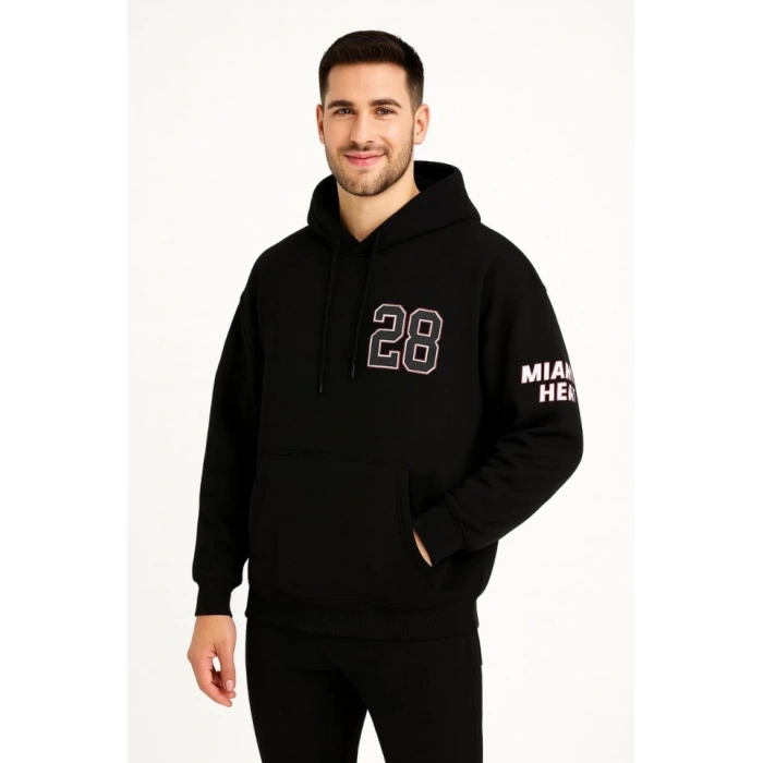 Üç İplik Kapüşonlu Ön Ve Arka Baskılı weathirt Hoodie  iyah