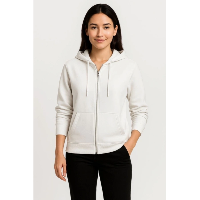 Üç İplik Kapüşonlu Tam Fermuarlı Kanguru Çepli weathirt Hoodie  Beyaz