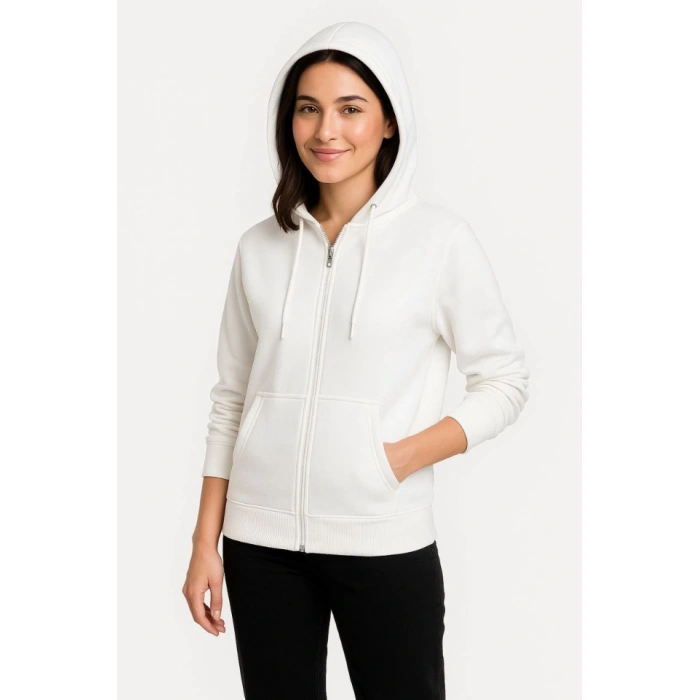 Üç İplik Kapüşonlu Tam Fermuarlı Kanguru Çepli weathirt Hoodie  Beyaz