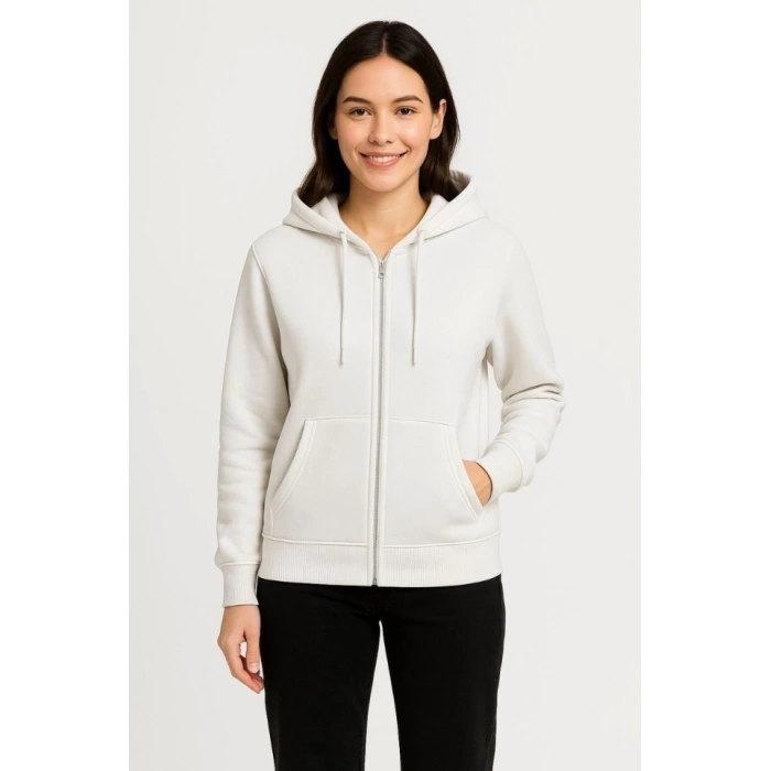 Üç İplik Kapüşonlu Tam Fermuarlı Kanguru Çepli weathirt Hoodie  Beyaz