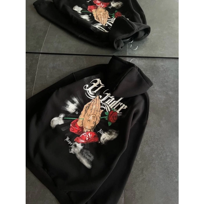 Üç İplik Penye Uzun Kol Kapşonlu Baskılı weathirt  iyah