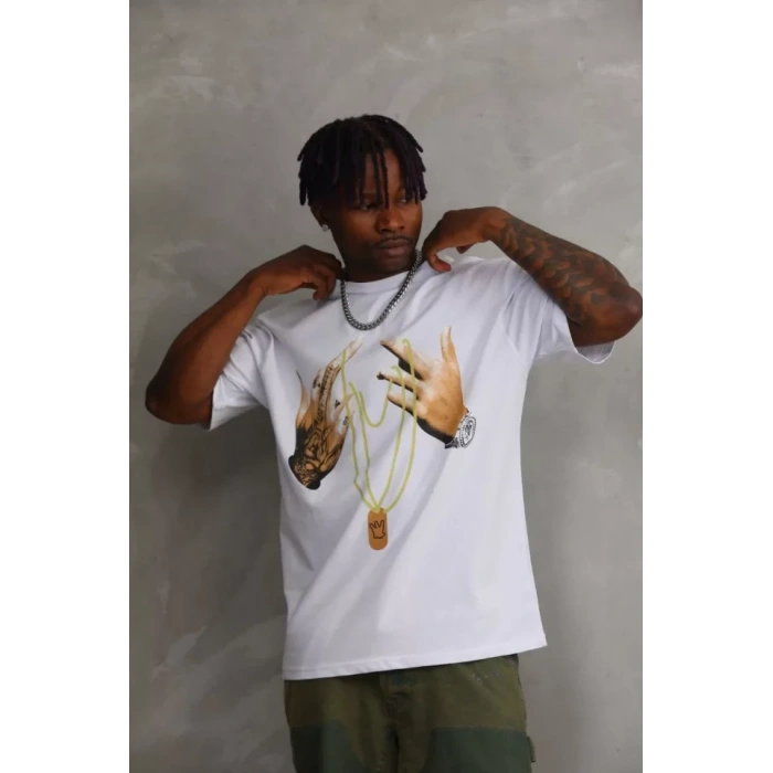 Unisex Baskılı Oversize Thirt  Beyaz