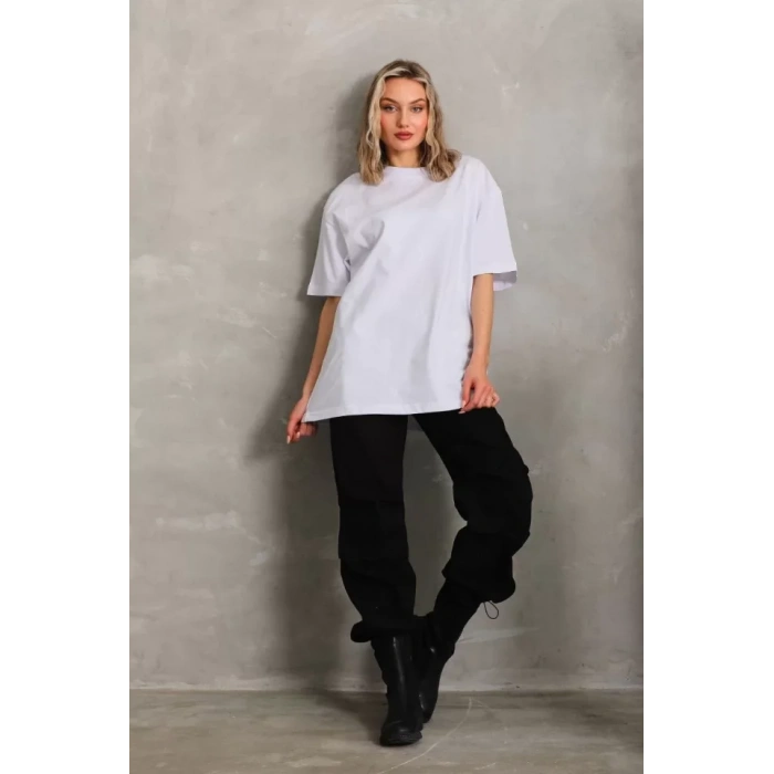 Unisex Bisiklet Yaka 20/1 Düz Oversize Thirt  Beyaz