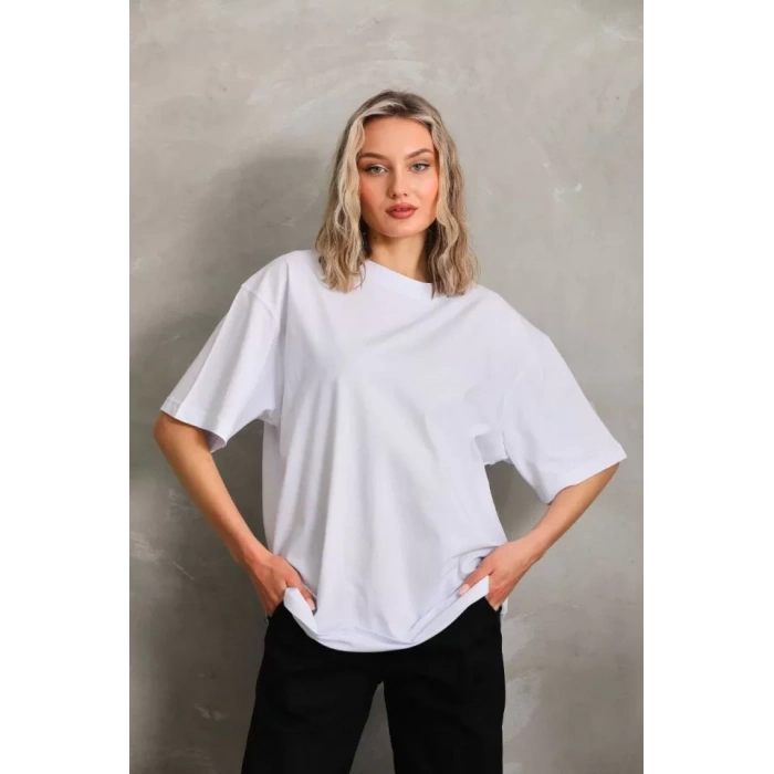 Unisex Bisiklet Yaka 20/1 Düz Oversize Thirt  Beyaz