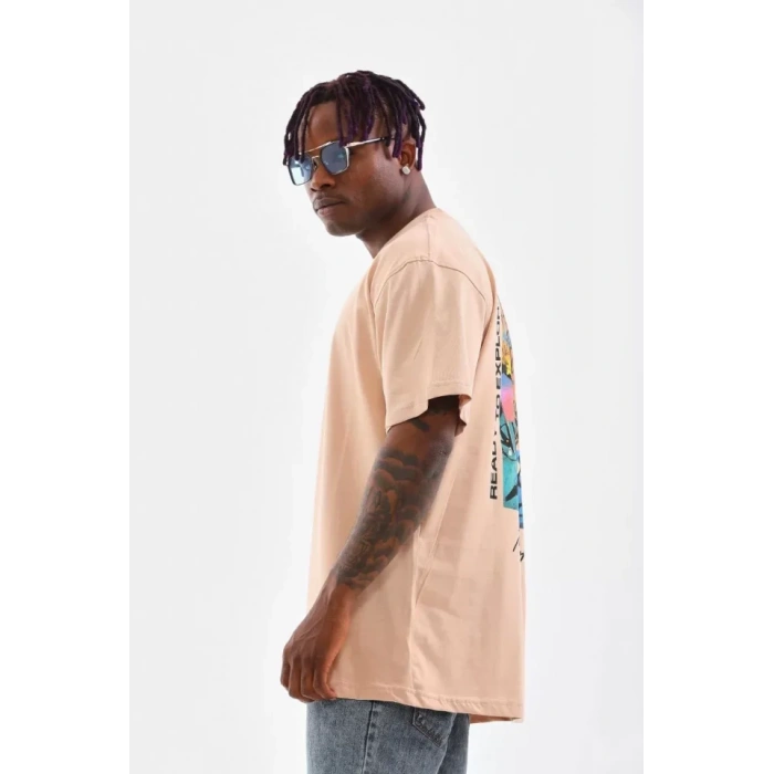 Unisex Bisiklet Yaka Baskılı Oversize Thirt  Bej