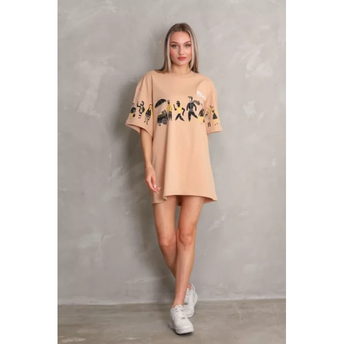 Unisex Bisiklet Yaka Baskılı Oversize Thirt  Bej