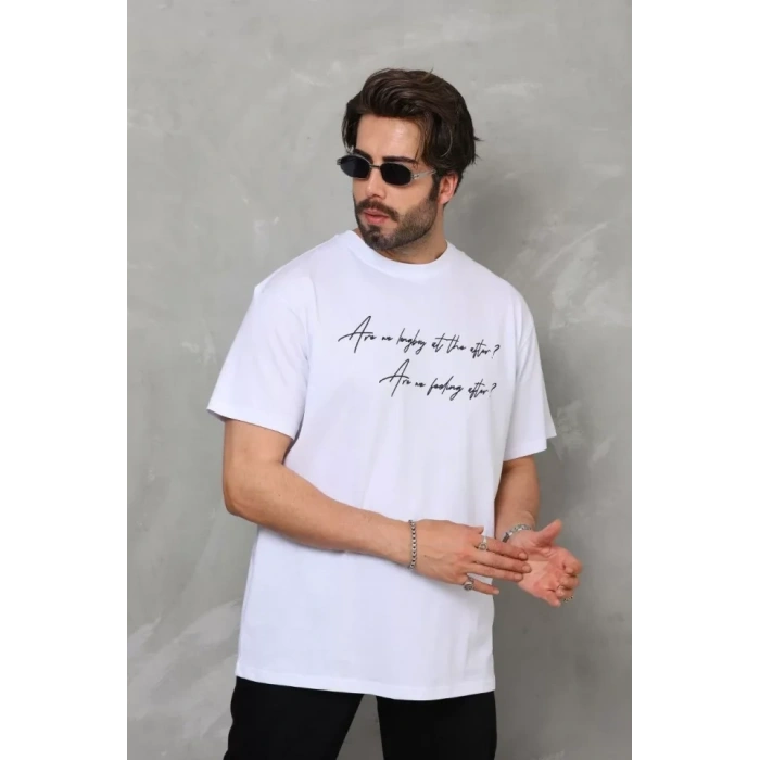 Unisex Bisiklet Yaka Baskılı Oversize Thirt  Beyaz