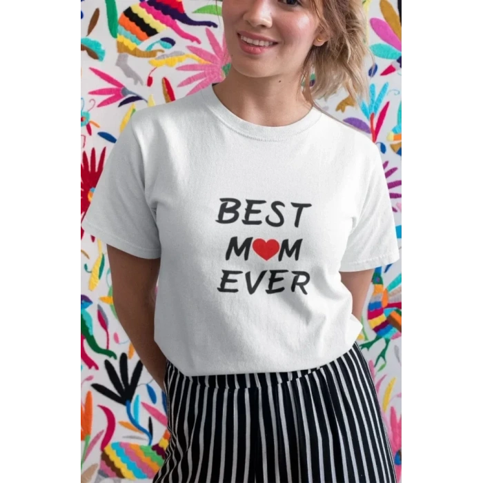 Unisex Bisiklet Yaka Baskılı Oversize Thirt  Beyaz