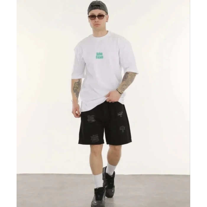 Unisex Bisiklet Yaka Baskılı Oversize Thirt  Beyaz