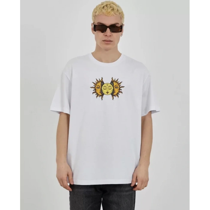 Unisex Bisiklet Yaka Baskılı Oversize Thirt  Beyaz