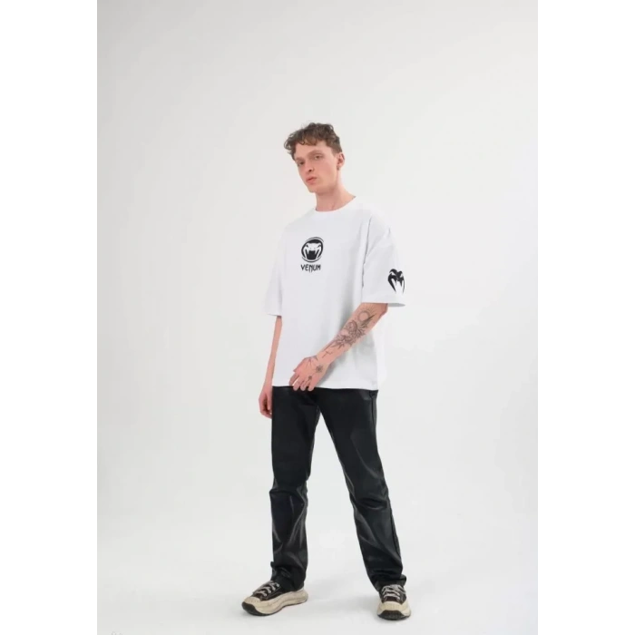 Unisex Bisiklet Yaka Baskılı Oversize Thirt  Beyaz