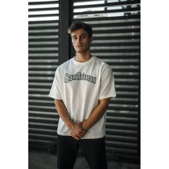 Unisex Bisiklet Yaka Baskılı Oversize Thirt  Beyaz