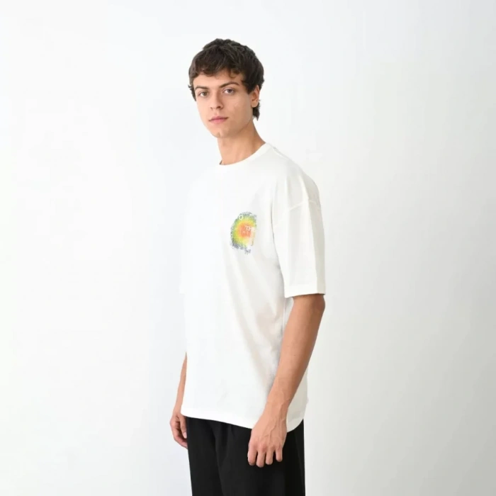 Unisex Bisiklet Yaka Baskılı Oversize Thirt  Beyaz