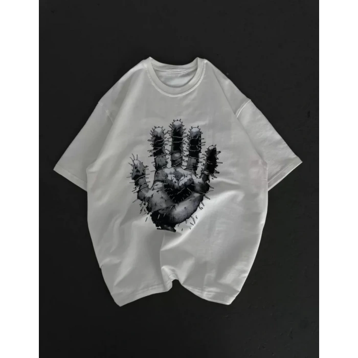 Unisex Bisiklet Yaka Baskılı Oversize Thirt  Beyaz