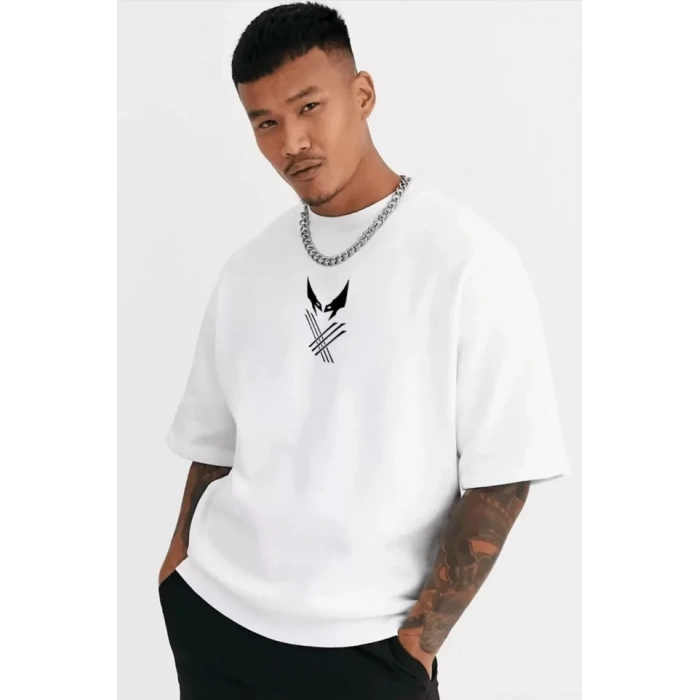 Unisex Bisiklet Yaka Baskılı Oversize Thirt  Beyaz