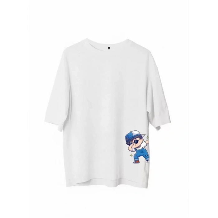 Unisex Bisiklet Yaka Baskılı Oversize Thirt  Beyaz