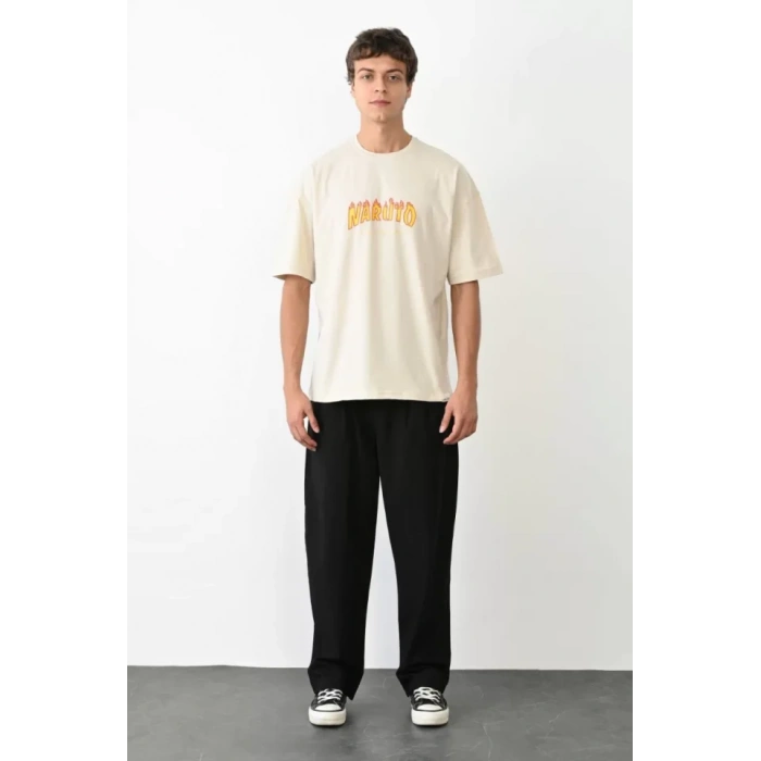 Unisex Bisiklet Yaka Baskılı Oversize Thirt  Beyaz