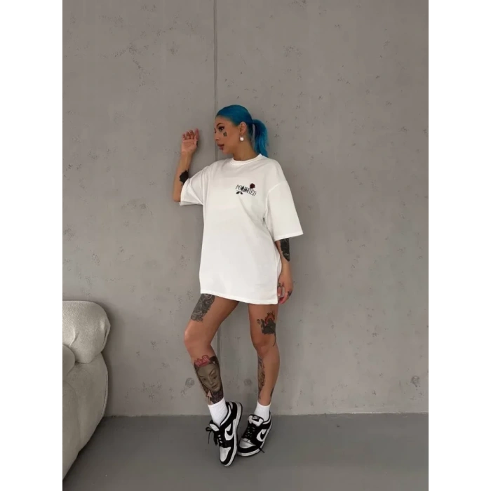 Unisex Bisiklet Yaka Baskılı Oversize Thirt  Beyaz