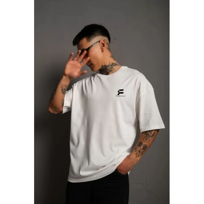 Unisex Bisiklet Yaka Baskılı Oversize Thirt  Beyaz