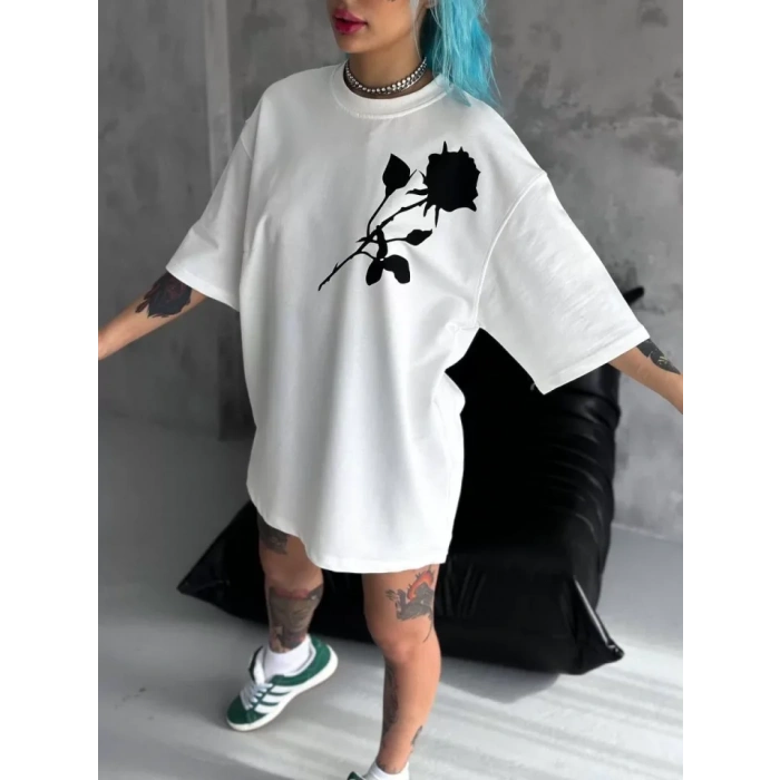 Unisex Bisiklet Yaka Baskılı Oversize Thirt  Beyaz