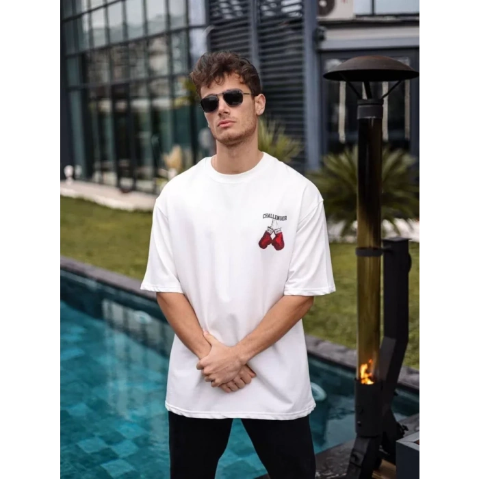 Unisex Bisiklet Yaka Baskılı Oversize Thirt  Beyaz