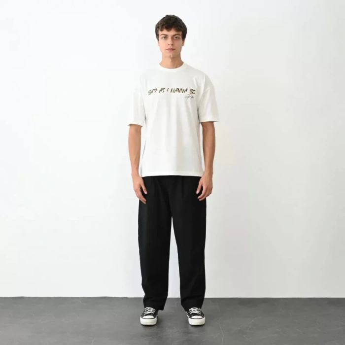 Unisex Bisiklet Yaka Baskılı Oversize Thirt  Beyaz