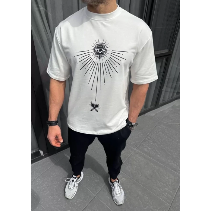Unisex Bisiklet Yaka Baskılı Oversize Thirt  Beyaz