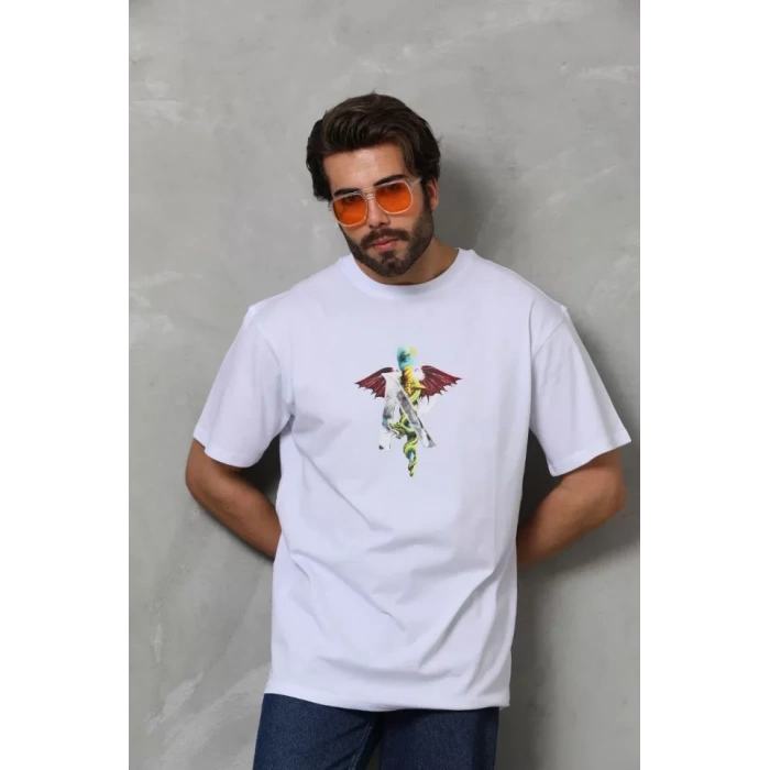 Unisex Bisiklet Yaka Baskılı Oversize Thirt  Beyaz